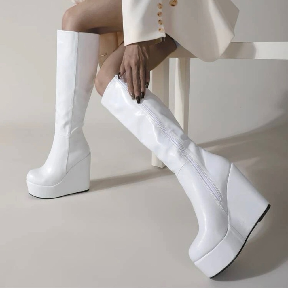 White knee high wedge boots
